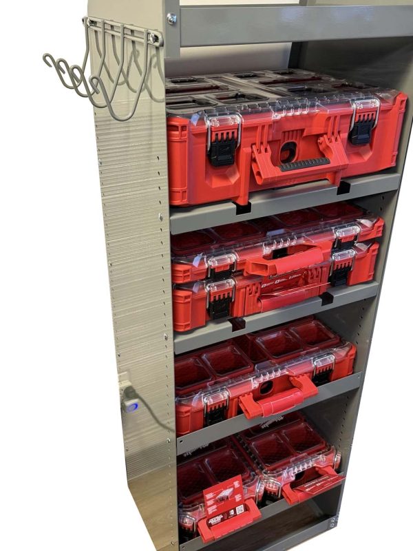 Milwaukee PACKOUT steel shelving tower loaded with tool cases